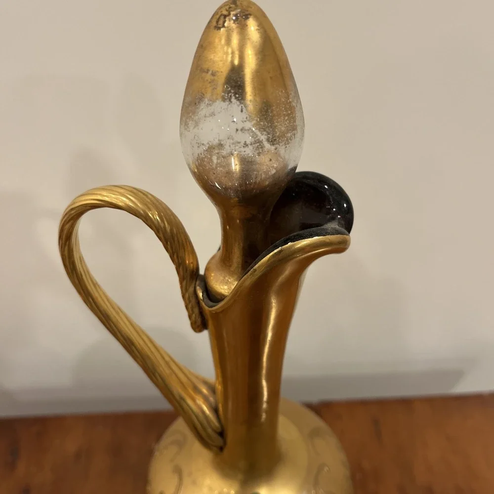 Vtg Tre Fuochi Italian Venetian Murano Glass Amber 24K Gold Floral Decanter Set